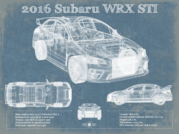 14" x 11" / Unframed Cutler West 2016 Subaru WRX STI Blueprint Vintage Auto Print