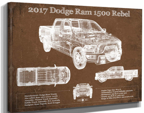 14" x 11" / Stretched Canvas Wrap Cutler West 2017 Dodge Ram 1500 Rebel Truck Vintage Blueprint Auto Print
