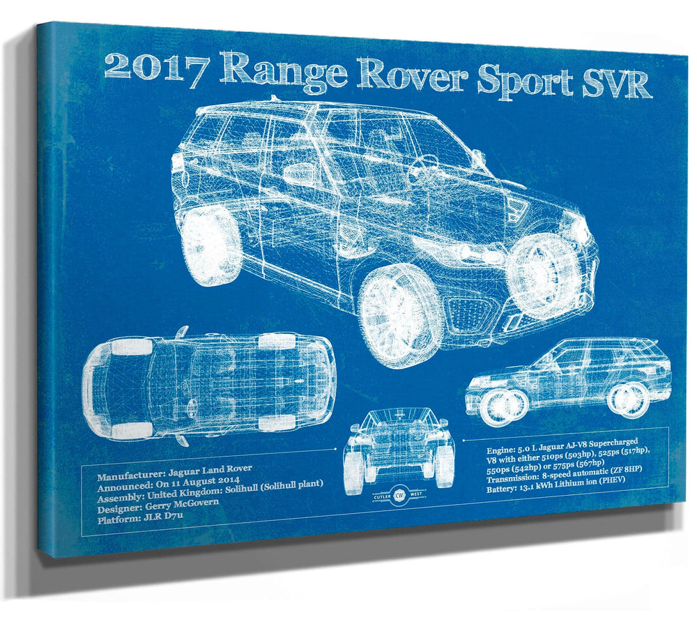 14" x 11" / Stretched Canvas Wrap Cutler West 2017 Land Rover Range Rover Sport SVR Vintage Blueprint Auto Print