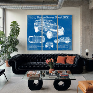 2017 Land Rover Range Rover Sport SVR Art Print as a 3 panel canvas wrap in a modern living room