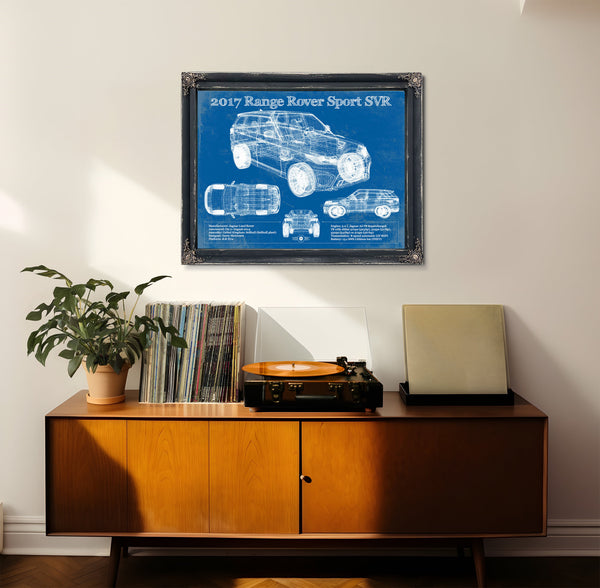 2017 Land Rover Range Rover Sport SVR Art Print framed in Vintage Black in a loft bedroom