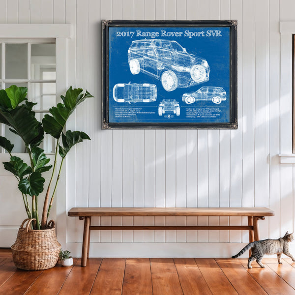 2017 Land Rover Range Rover Sport SVR Art Print framed in Vintage Black above a rustic console table