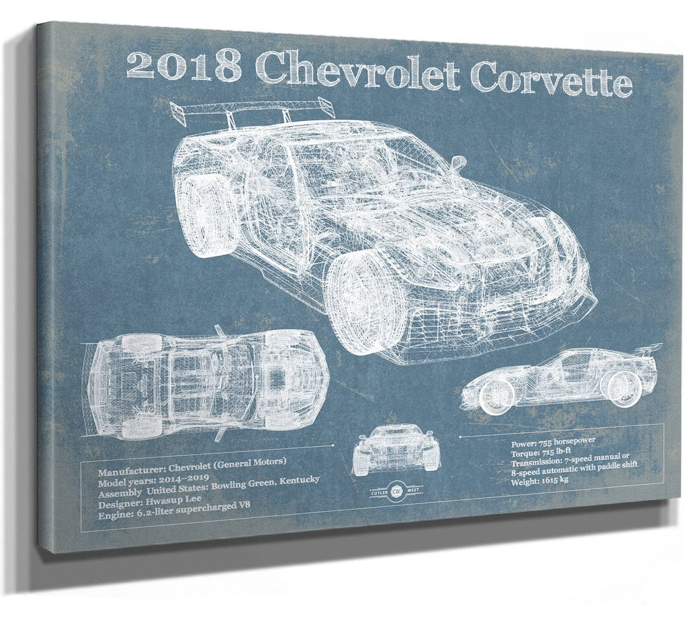 14" x 11" / Stretched Canvas Wrap Cutler West 2018 Chevrolet Corvette C7 ZR1 Vintage Blueprint Auto Print