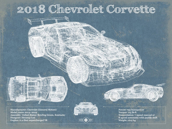 14" x 11" / Unframed Cutler West 2018 Chevrolet Corvette C7 ZR1 Vintage Blueprint Auto Print