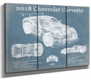 36" x 24" / 3 Panel Canvas Wrap Cutler West 2018 Chevrolet Corvette C7 ZR1 Vintage Blueprint Auto Print