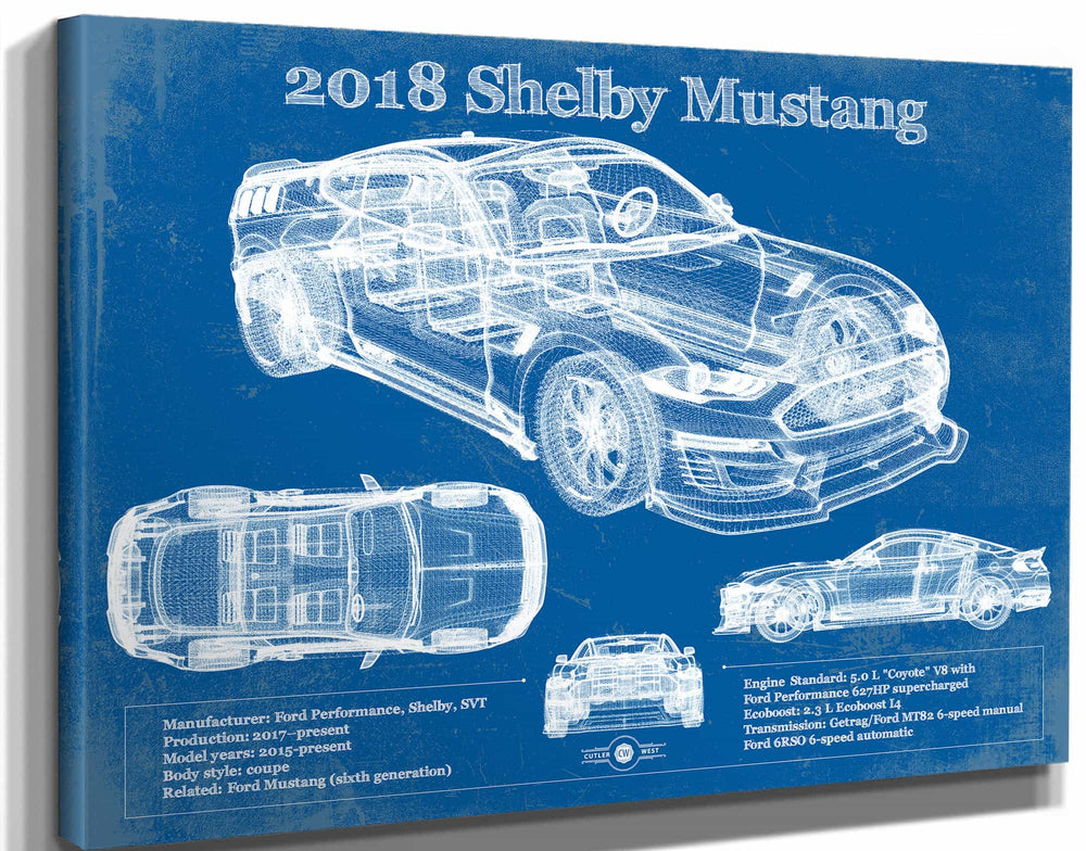 14" x 11" / Stretched Canvas Wrap Cutler West 2018 Ford Mustang Shelby Super Snake Coupe Blueprint Vintage Auto Print