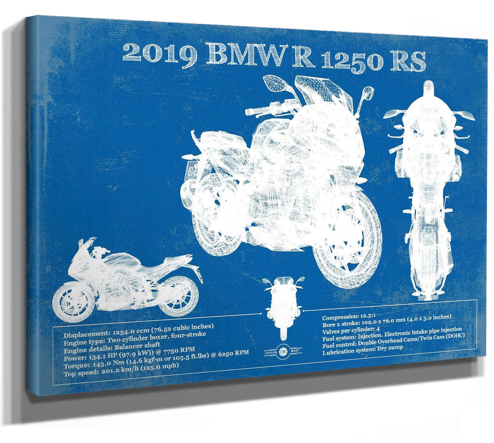 14" x 11" / Stretched Canvas Wrap Cutler West 2019 BMW R1250RS Vintage Blueprint Auto Print