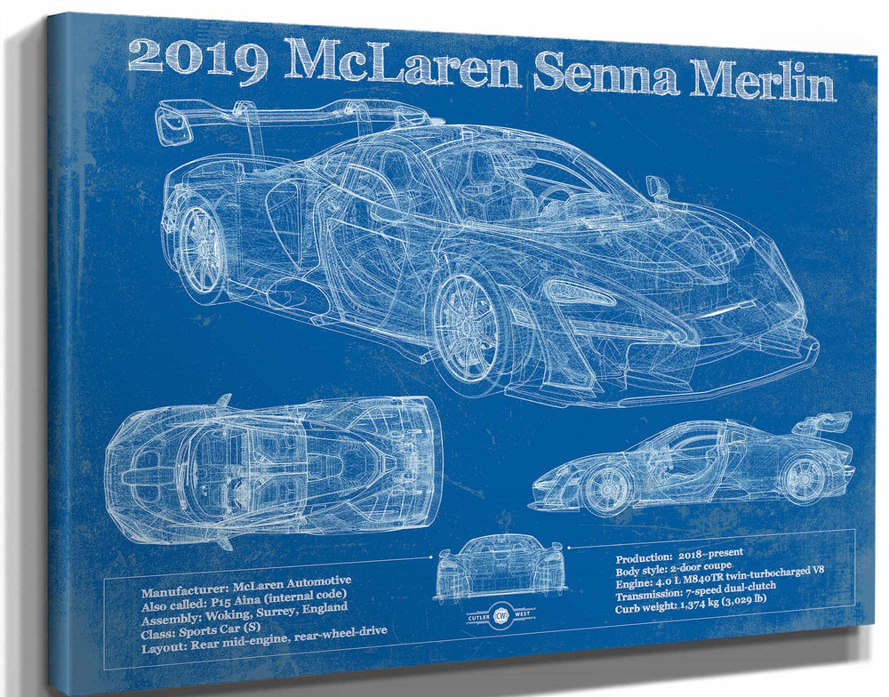 14" x 11" / Stretched Canvas Wrap Cutler West 2019 Mclaren Senna Merlin Vintage Blueprint Auto Print