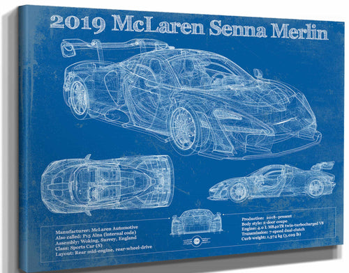 14" x 11" / Stretched Canvas Wrap Cutler West 2019 Mclaren Senna Merlin Vintage Blueprint Auto Print