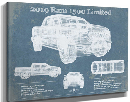 14" x 11" / Stretched Canvas Wrap Cutler West 2019 Ram 1500 Limited Vintage Blueprint Auto Print