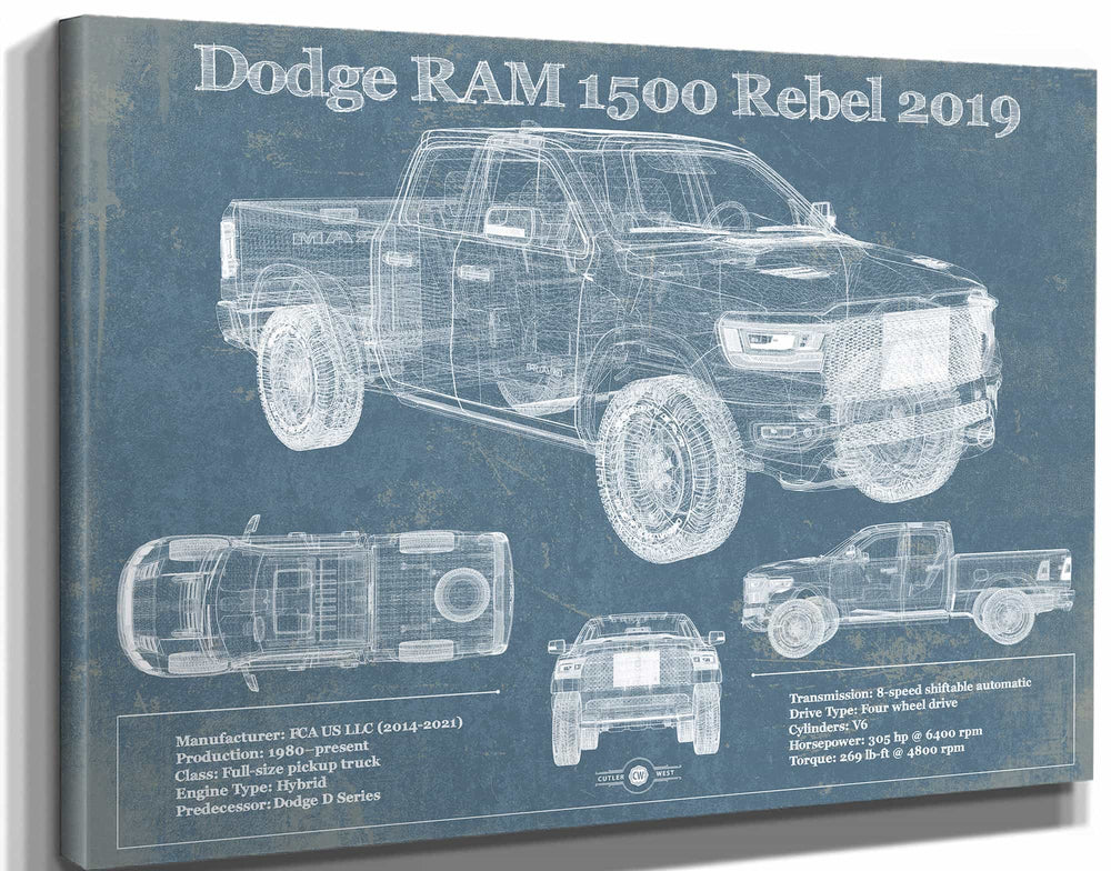 14" x 11" / Stretched Canvas Wrap Cutler West 2019 Ram 1500 Rebel Vintage Blueprint Auto Print