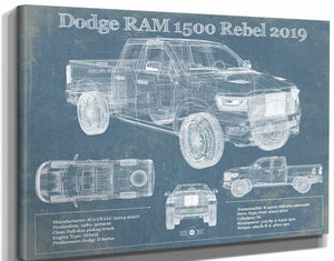 14" x 11" / Stretched Canvas Wrap Cutler West 2019 Ram 1500 Rebel Vintage Blueprint Auto Print