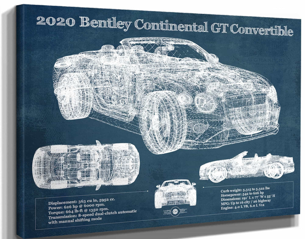 14" x 11" / Stretched Canvas Wrap Cutler West 2020 Bentley Continental Gt Convertible Vintage Blueprint Auto Print