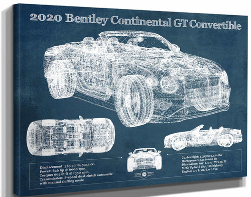 14" x 11" / Stretched Canvas Wrap Cutler West 2020 Bentley Continental Gt Convertible Vintage Blueprint Auto Print