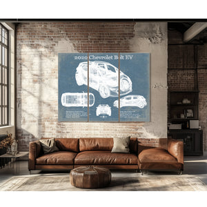 2020 Chevy Bolt EV Blueprint Art Print as a 3 panel canvas wrap above a leather sofa