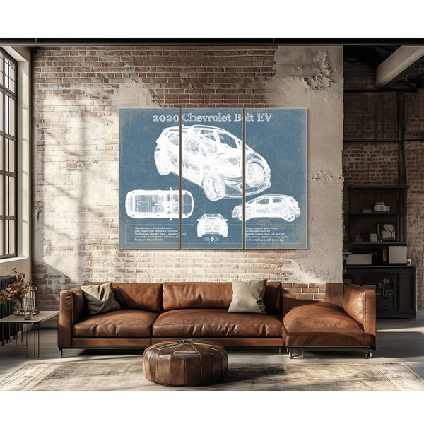 2020 Chevy Bolt EV Blueprint Art Print as a 3 panel canvas wrap above a leather sofa