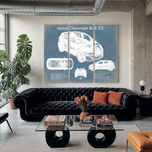 2020 Chevy Bolt EV Blueprint Art Print as a 3 panel canvas wrap in a modern living room