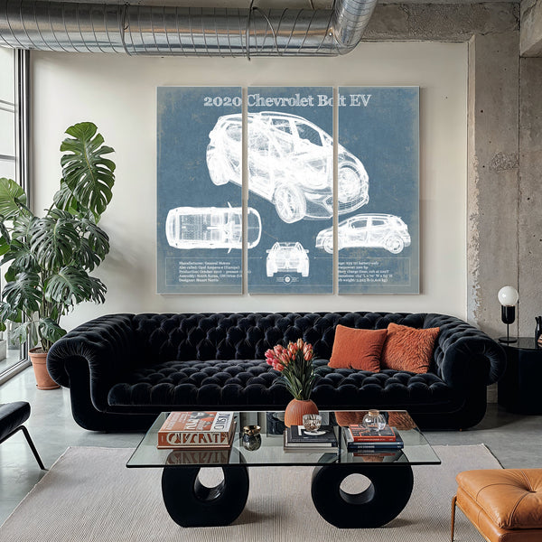 2020 Chevy Bolt EV Blueprint Art Print as a 3 panel canvas wrap in a modern living room