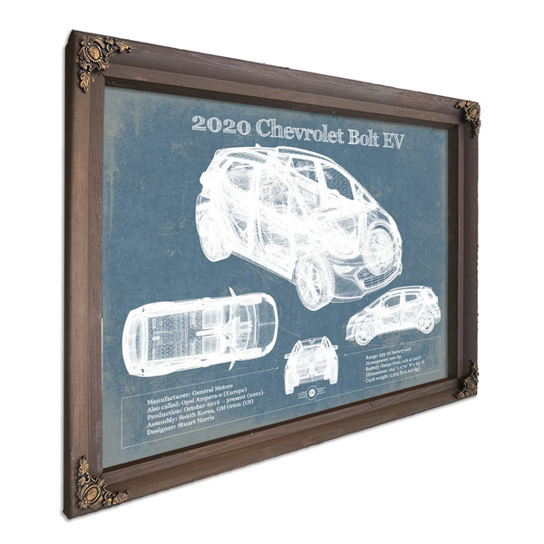2020 Chevy Bolt EV Blueprint Art Print in a Bourbon stained wood frame with antique gold corners