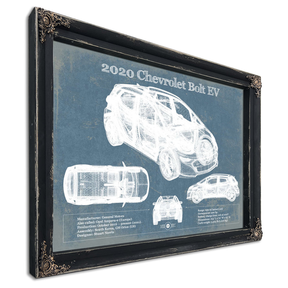 2020 Chevy Bolt EV Blueprint Art Print in a distressed Vintage Black wood frame with ornate corners