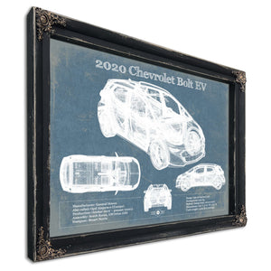2020 Chevy Bolt EV Blueprint Art Print in a distressed Vintage Black wood frame with ornate corners