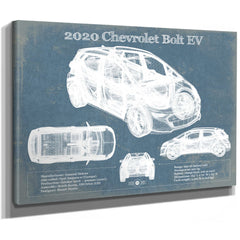 2020 Chevy Bolt EV Blueprint Art Print as a stretched canvas wrap with gallery wrapped edges