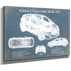 2020 Chevy Bolt EV Blueprint Art Print as a stretched canvas wrap with gallery wrapped edges