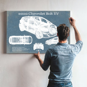2020 Chevy Bolt EV Blueprint Art Print framed in Vintage Black above a mid-century record console
