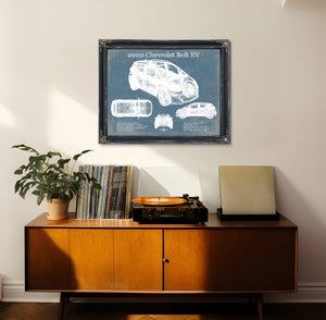 2020 Chevy Bolt EV Blueprint Art Print framed in Vintage Black in a loft bedroom