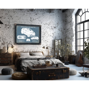 2020 Chevy Bolt EV Blueprint Art Print framed in Vintage Black in a farmhouse entryway