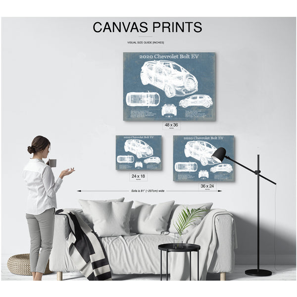 2020 Chevy Bolt EV Blueprint Art Print displayed on a wall