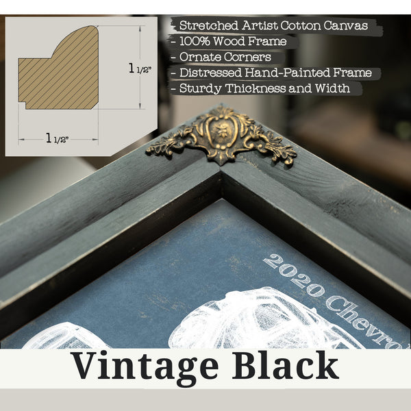 Vintage Black frame corner detail, 1.5 inch ornate wood moulding, 2020 Chevy Bolt EV Blueprint Art Print