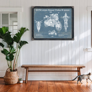 2020 KTM 1290 Super Duke R Print framed in Vintage Black above a rustic console table