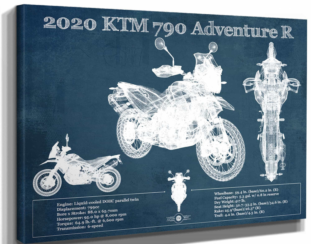 14" x 11" / Stretched Canvas Wrap Cutler West 2020 Ktm 790 Adventure R Vintage Blueprint Auto Print