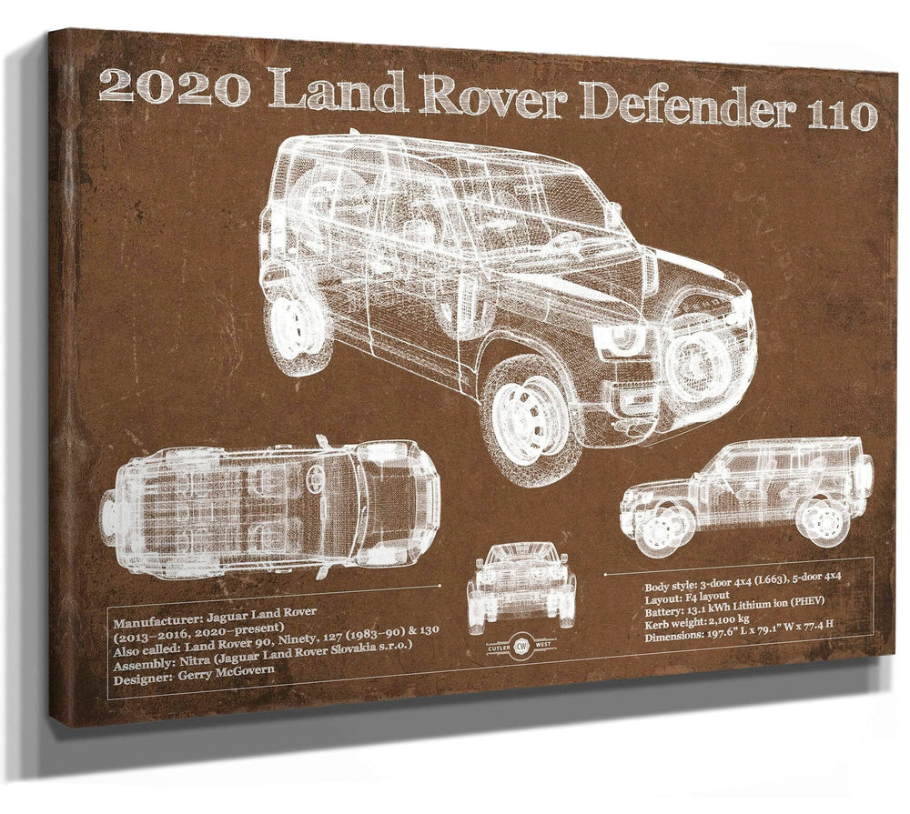 14" x 11" / Stretched Canvas Wrap Cutler West 2020 Land Rover Defender 110 Vintage Blueprint Auto Print