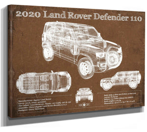 14" x 11" / Stretched Canvas Wrap Cutler West 2020 Land Rover Defender 110 Vintage Blueprint Auto Print
