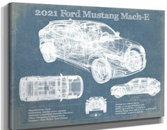 14" x 11" / Stretched Canvas Wrap Cutler West 2021 Ford Mustang Mach-E SUV Blueprint Vintage Auto Print