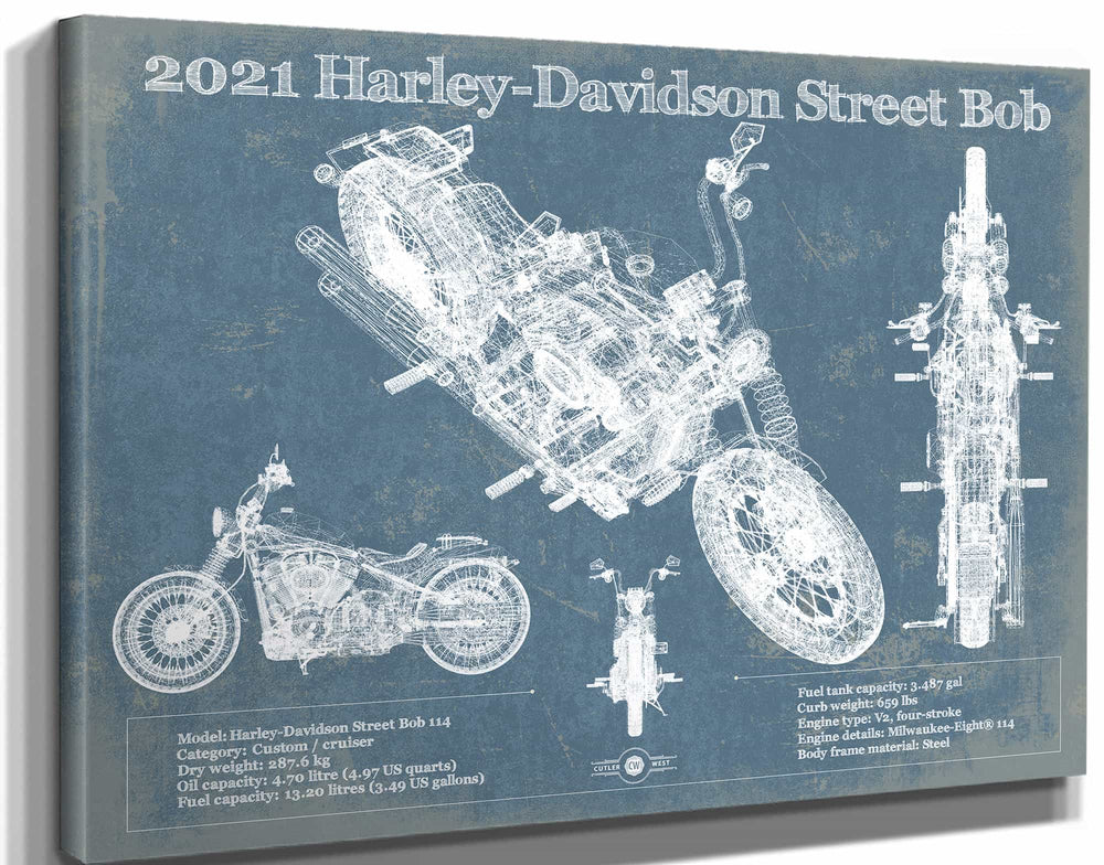 14" x 11" / Stretched Canvas Wrap Cutler West 2021 Harley-Davidson Street Bob 114 Blueprint Motorcycle Patent Print