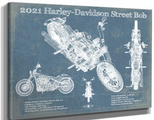 14" x 11" / Stretched Canvas Wrap Cutler West 2021 Harley-Davidson Street Bob 114 Blueprint Motorcycle Patent Print