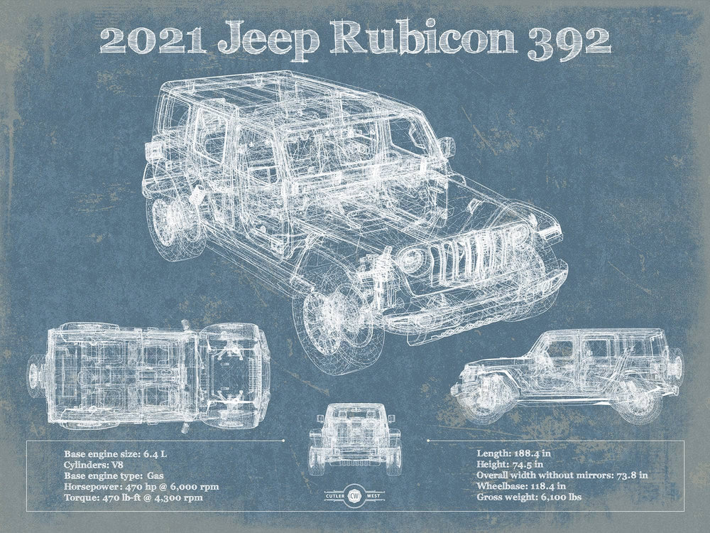 14" x 11" / Stretched Canvas Wrap Cutler West 2021 Jeep Rubicon 392 Blueprint Vintage Auto Print