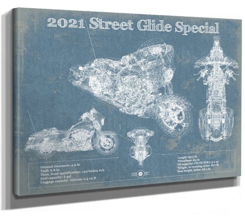 14" x 11" / Stretched Canvas Wrap Cutler West 2021 Street Glide Special Blueprint Motorcycle Patent Print
