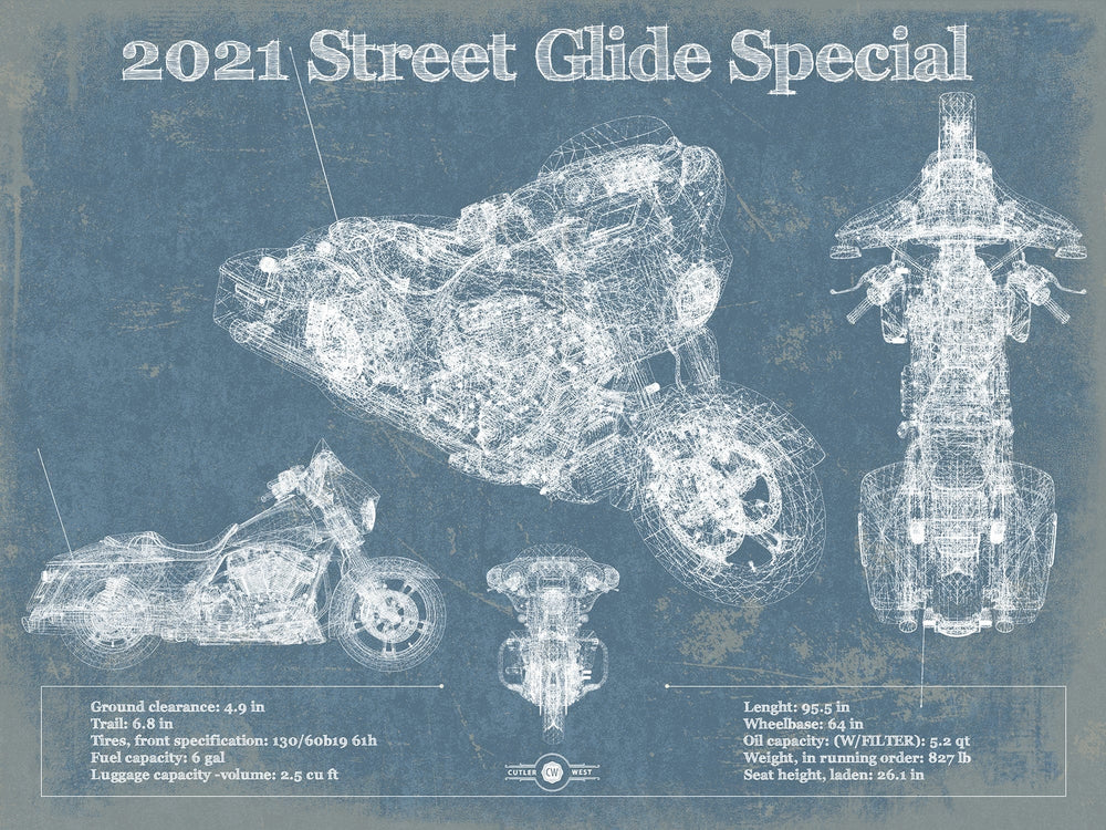 14" x 11" / Stretched Canvas Wrap Cutler West 2021 Street Glide Special Blueprint Motorcycle Patent Print