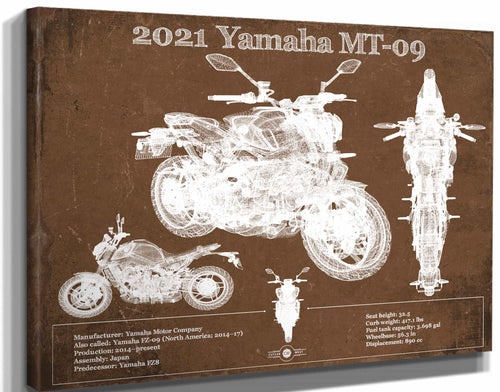 14" x 11" / Stretched Canvas Wrap Cutler West 2021 Yamaha Mt 09 Vintage Blueprint Auto Print