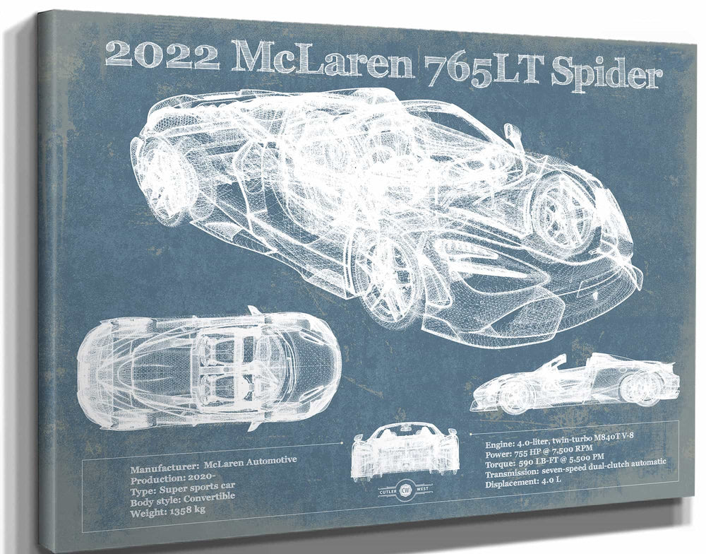 14" x 11" / Stretched Canvas Wrap Cutler West 2022 McLaren 765LT Spider Blueprint Vintage Auto Print