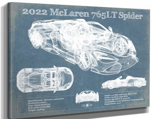 14" x 11" / Stretched Canvas Wrap Cutler West 2022 McLaren 765LT Spider Blueprint Vintage Auto Print