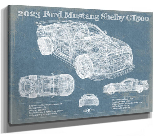 14" x 11" / Stretched Canvas Wrap Cutler West 2023 Ford Mustang Shelby GT500 Blueprint Vintage Auto Print