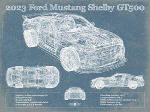14" x 11" / Unframed Cutler West 2023 Ford Mustang Shelby GT500 Blueprint Vintage Auto Print