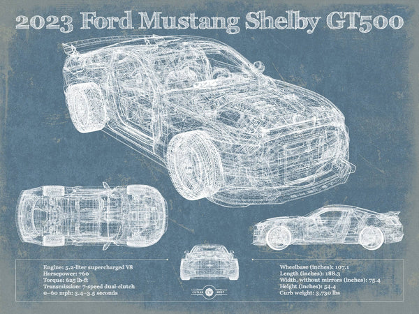 14" x 11" / Unframed Cutler West 2023 Ford Mustang Shelby GT500 Blueprint Vintage Auto Print