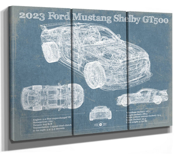 36" x 24" / 3 Panel Canvas Wrap Cutler West 2023 Ford Mustang Shelby GT500 Blueprint Vintage Auto Print