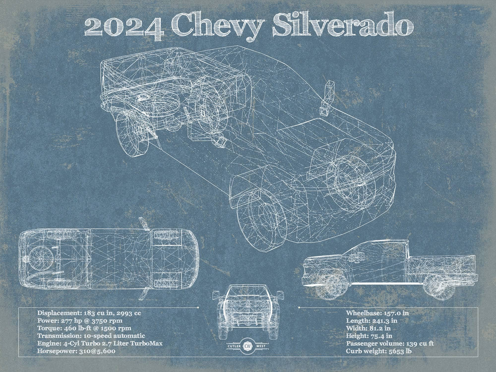 14" x 11" / Stretched Canvas Wrap Cutler West 2024 Chevrolet Silverado Vintage Blueprint Auto Print